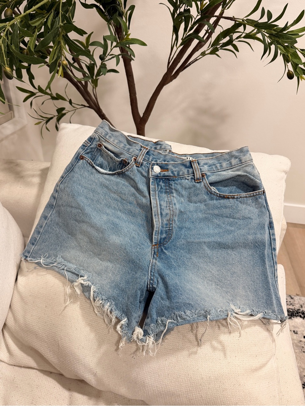 Signature8 Light Blue Distressed High-Rise Jean Shorts